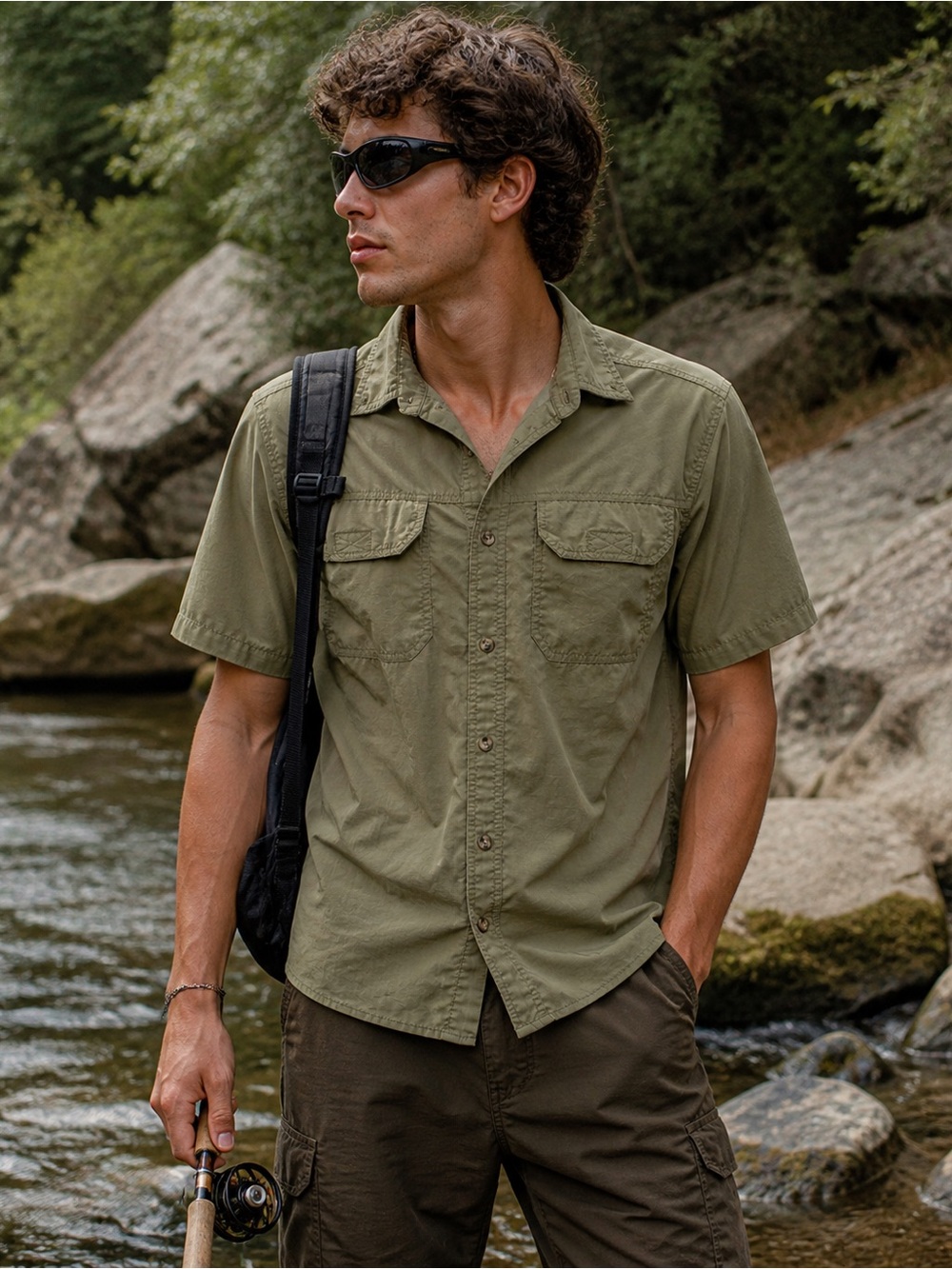 All American Fisherman Fishing Shirt Medium Olive Nylon Vented Outdoor
